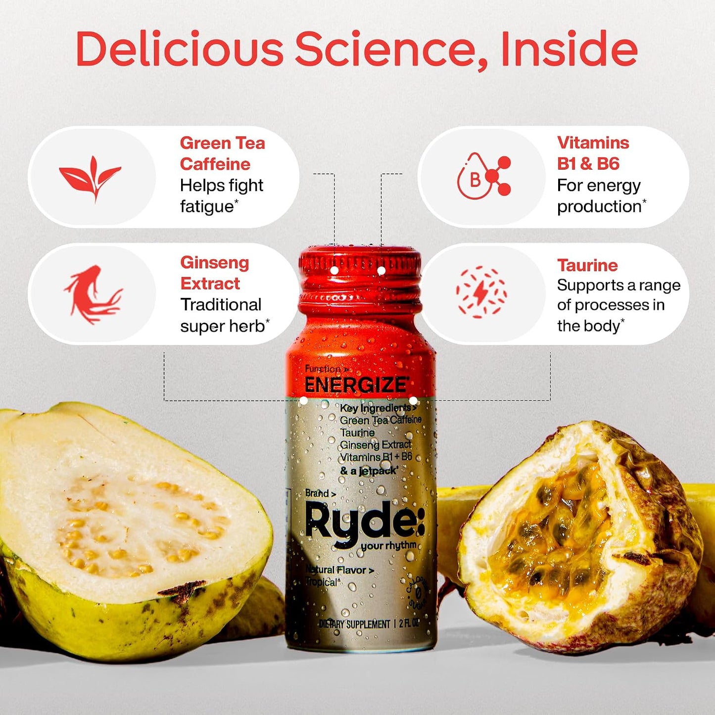 RYDE Energize Energy Shot, Tropical Flavor, Zero Sugar, 2 fl oz, 24 Pack | fight fatigue; no sugar crash; daily energy supply; vegan gluten-free