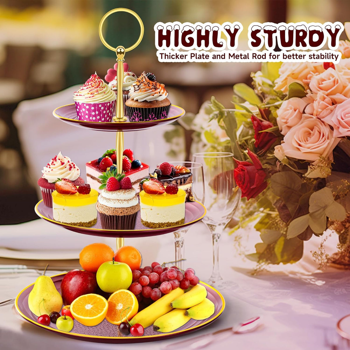 PinCute Cupcake Stand Holder - 3 Tier Cup Cake Dessert Stands, Plastic Tiered Serving Tray&Metal Rod for Birthday Party, Wedding, Tea Party, Baby Shower-Red