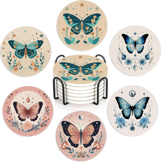 Coaster for Drinks Set of 6, Boho Butterfly Flower Absorbing Round Ceramic Stone Coaster with Cork Base,Tabletop Protection