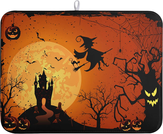 Happy Halloween Dish Drying Mat Fall Pumpkin Witch Dishes Draining Mats Spooky Castle Coffee Bar Bats Trick or Treat Dish