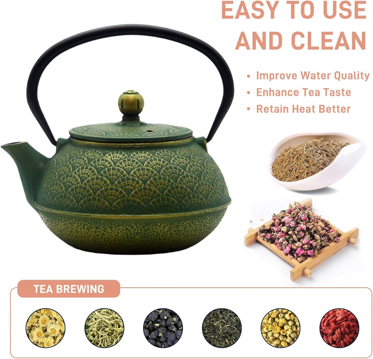 30.4oz Small Cast Iron Tea Kettle Teapot for Stovetop,Green Tea Pot | Coated with Enameled Interior, Kettle with Strainer for Loose Leaf, Chinese Cute Teapot