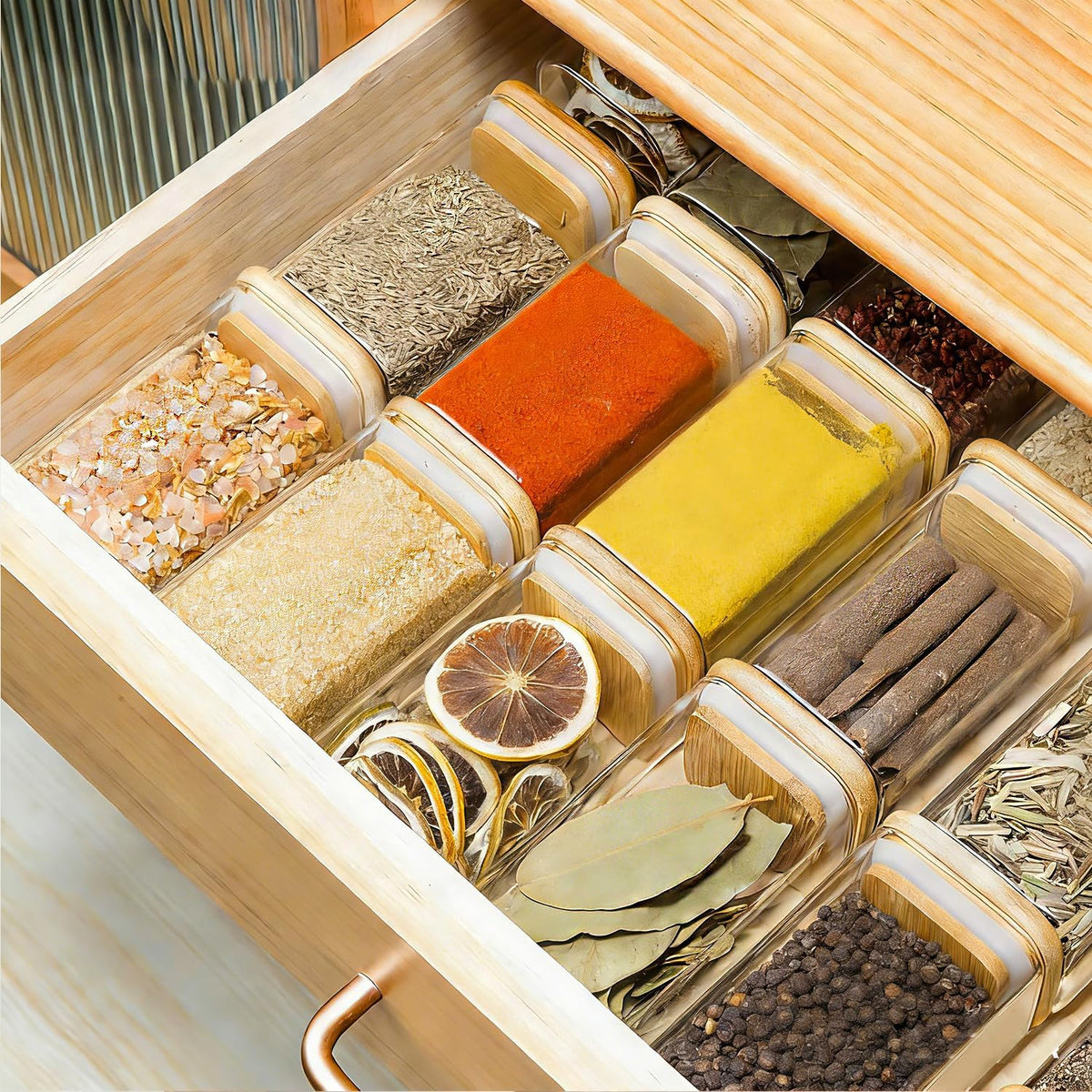 ComSaf Square Glass Spice Jars with Labels 8 oz 6 Pack with Bamboo Lids