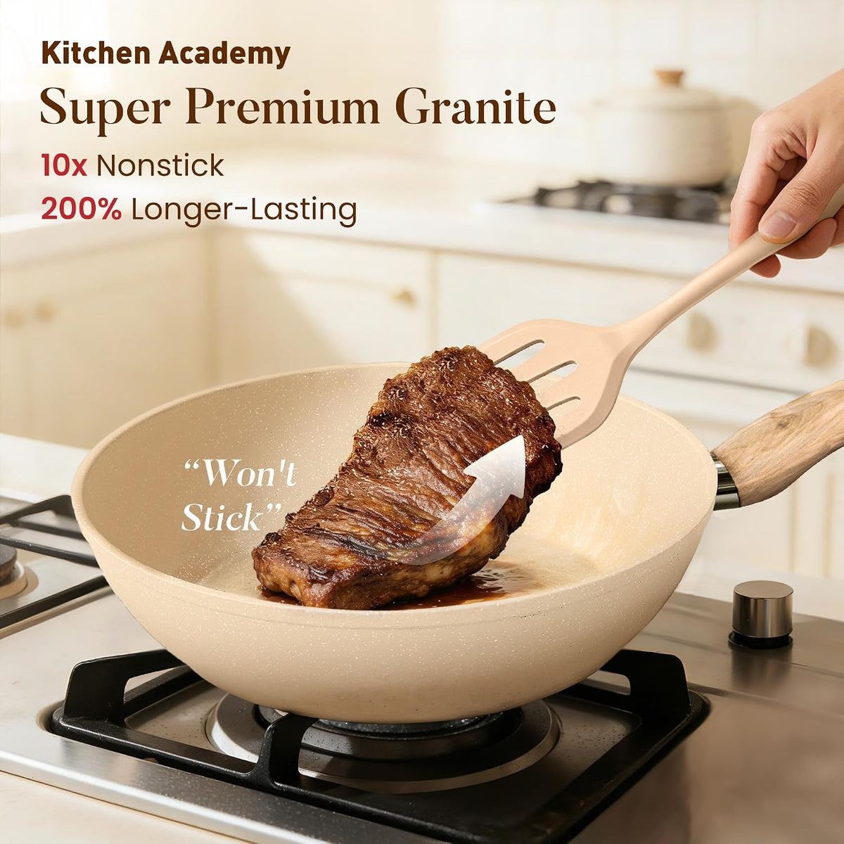 Kitchen Academy Induction Pots and Pans Set Non Stick - 12Pcs Beige Nonstick Kitchen Cookware Set, Granite Cooking Pans Set