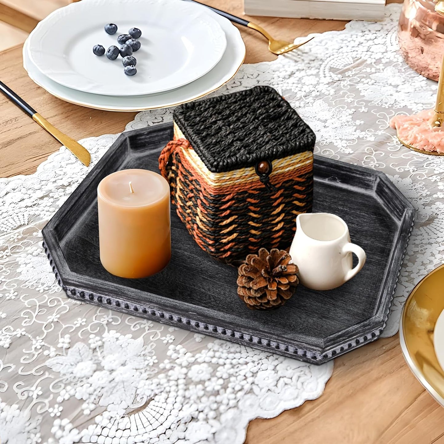 CedarLux Decorative Coffee Table Serving Tray, Long Octagonal Black Wood Tray with Wooden Bead, Farmhouse Big for Ottoman Table, Countertop, Home Decor, 16.5"x13"x1.6" (Retro Black)