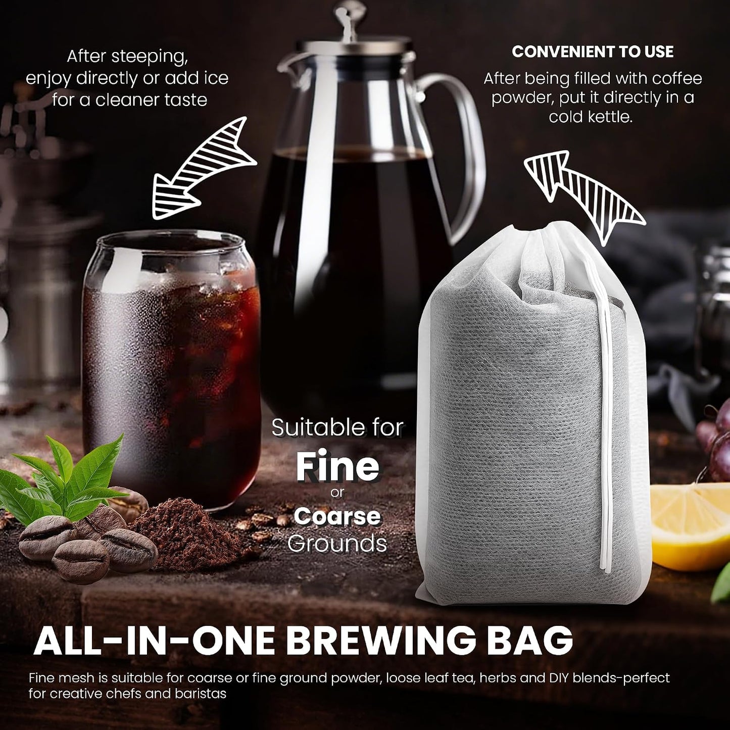 Cold Brew Bags, 120 Count Brew Coffee Filter Bags, 4x6 Inch | Disposable Fine Mesh Drawstring Pouches, Fits Mason Jars &amp; French Press, Ideal for Cold Brew, Coffee, Tea, Herbs &amp; Spices