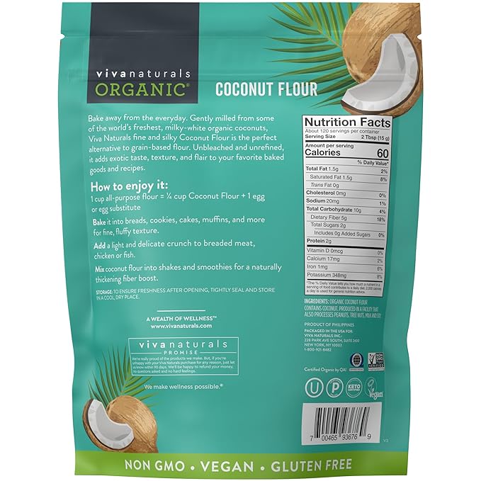 Viva Naturals Organic Coconut Flour, 4 lbs (1.81 kg) – Gluten Free Flour for Keto, Paleo & Vegan Baking, Good Source of Fiber, Low Fat, Non-GMO, Unbleached & Unrefined