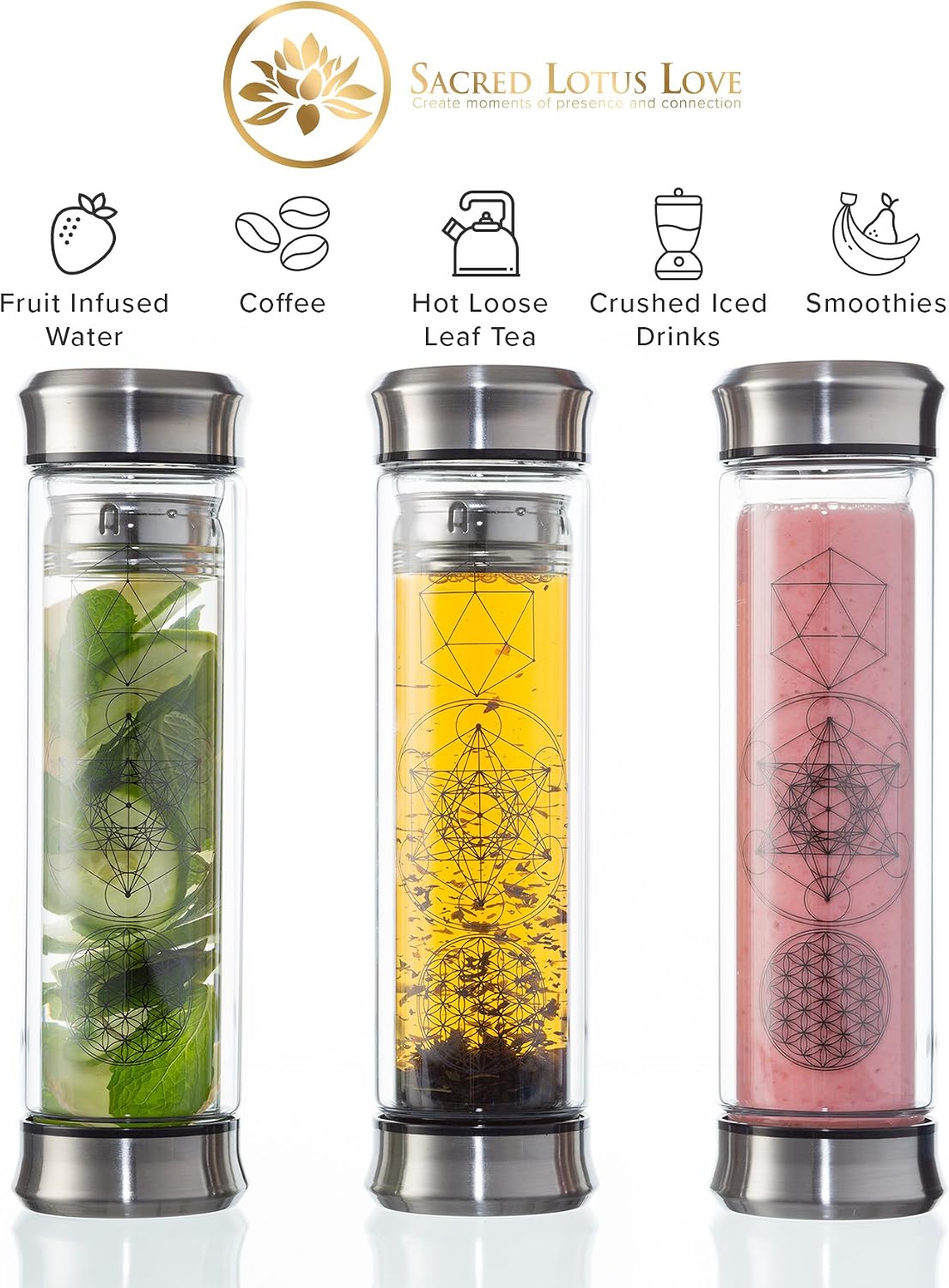 Sacred Lotus Love Double-Walled Glass Tea Infuser Bottle 14oz Portable Travel Mug with Strainer and Sleeve for Loose Leaf Tea, Coffee, Smoothies - Insulated Tumbler with Lid for Hot and Iced Beverages