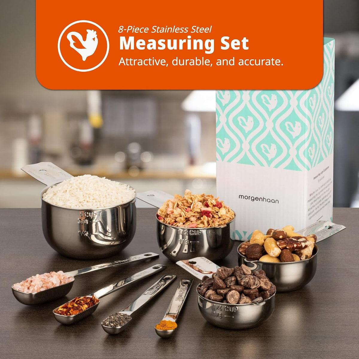 Premium 304 Stainless Steel Measuring Kit - 8-Piece Essential Cups and Spoons for Everyday Use, Stackable &amp; Durable