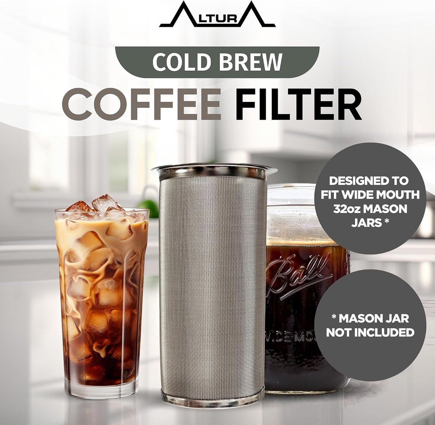 Altura The TUBE Cold Brew Coffee Maker and Tea Infuser for Wide Mouth Mason Jars - Stainless Steel Cold Brew Filter Strainer for Iced Coffee, Fruit Water &amp; More - (32oz/1qt)