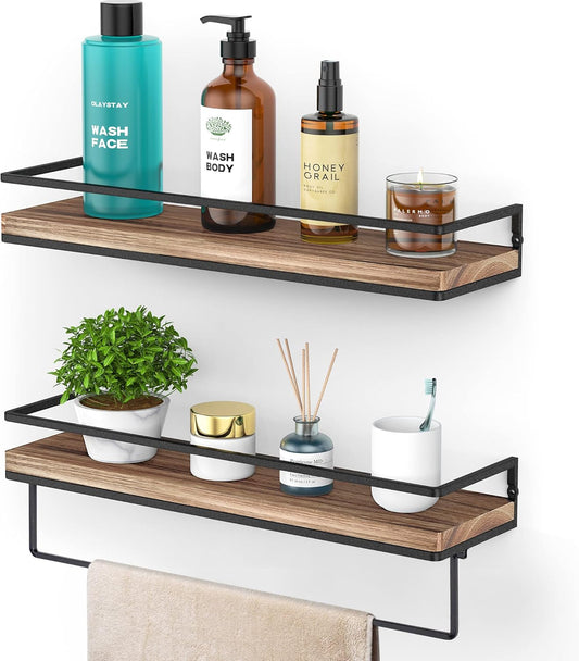 Meangood Floating Shelves Wall Mounted Set of 2, Wall Shelf with Towel Bar Rustic Wood Wall Storage Shelves for