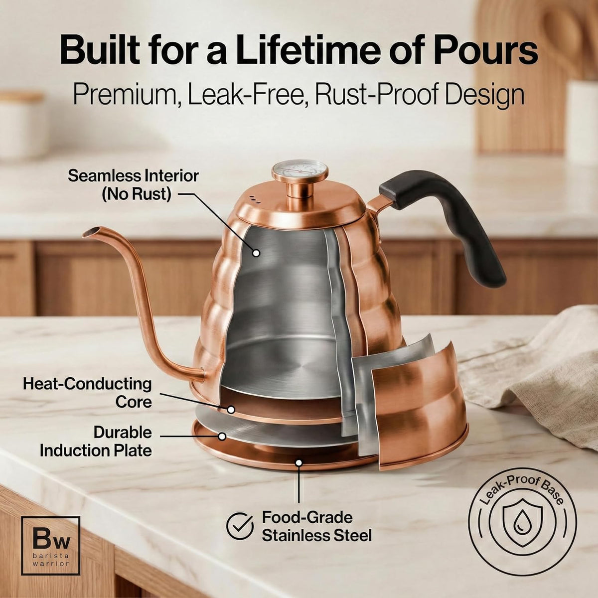 Barista Warrior Gooseneck Kettle with Thermometer - 1.2L Pour Over Coffee &amp; Tea Kettle, Copper Coated Stainless Steel Gooseneck Kettle Pot, Precision Pour Drip Spout, Suitable for All-Stoves (40 floz)