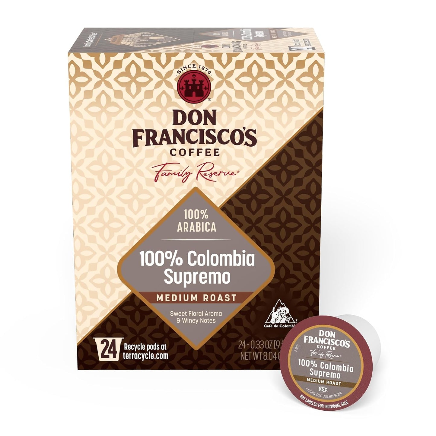 Don Francisco's 100% Colombia Supremo Coffee Pods, Medium Roast, 24ct | Compatible with Keurig Coffee Pod Brewers, 100% Arabica Coffee, Convenient Single Serve Brewing, Fresh Brew in Every Cup