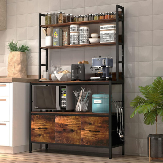 Kitchen Bakers Rack with Baskets,5-Tier Free Standing Storage Shelf Rack,Industrial Microwave Oven Stand,Metal Kitchen Rack