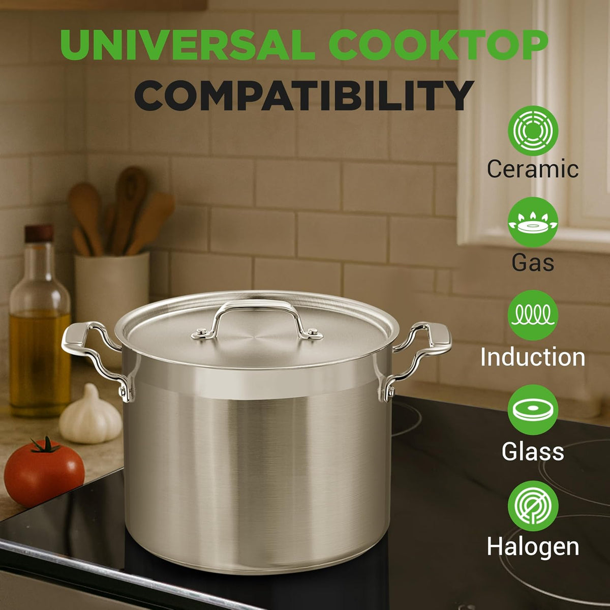 NutriChef 14 Quart Stock Pot with Lid - Heavy Duty Stainless Steel, Induction Ready, Ergonomic Handles