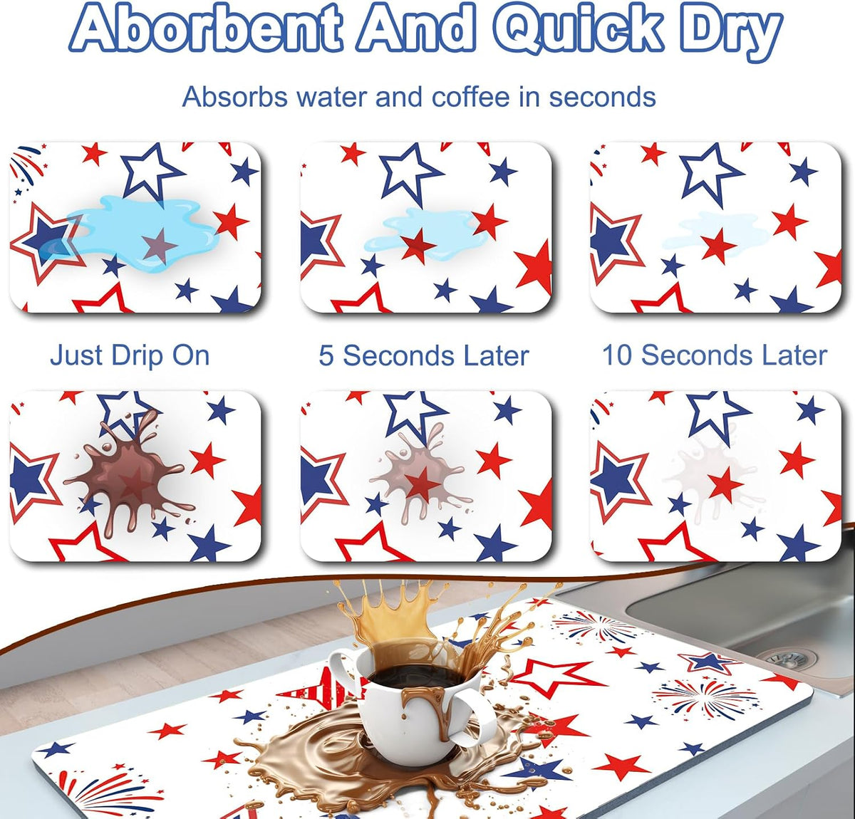 Coffee Bar Mat for Espresso Machine, 12" X 20" Absorbent Dish Drying Mat for Kitchen Counter, Quick Dry Non-Slip Waterproof and Stain-Resistant Coffee Maker Mats Better Than Stone Mats, Stars