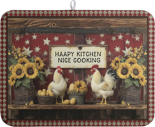 Vintage Rooster Dish Drying Mat Farmhouse Summer Sunflower Kitchen Dish Drying Pad Absorbent Fall Dish Dryer Mat for Kitchen
