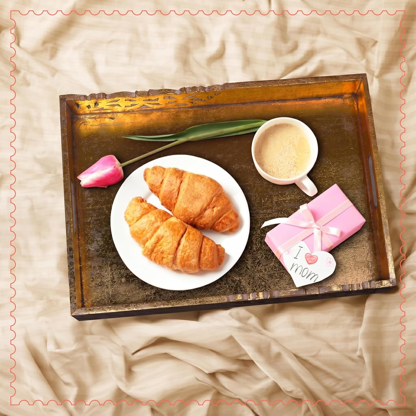 Mela Artisans Flourish Mango Wood Serving Tray - Distressed Gold, 16 in | Handcrafted serving tray board with handles for breakfast, coffee and home décor, utilizing built-in base felt pads.