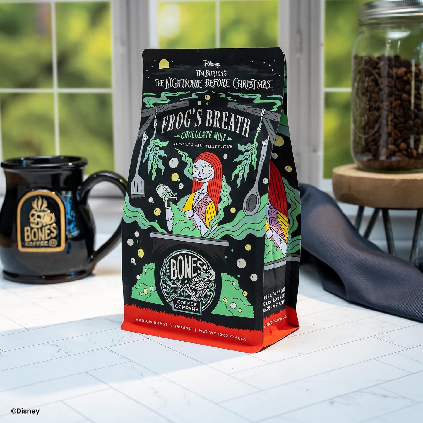 Bones Coffee Company The Nightmare Before Christmas Frog's Breath Flavored Coffee Beans, Medium Roast Ground Coffee Low Acid, Chocolate Mole Flavor (12 oz)