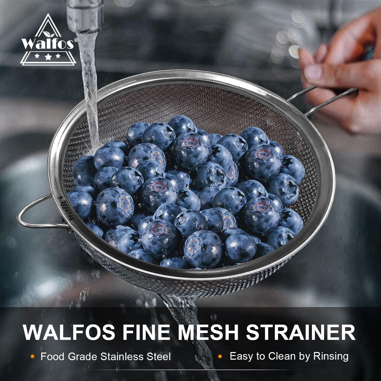 Walfos 8.6 Inch Large Fine Mesh Strainer, Kitchen Metal Food Strainers with Sturdy Handle, Stainless Steel 30 Mesh Sieve Sifters for Rice, Quinoa, Pasta, Fruits, Vegetables, etc.