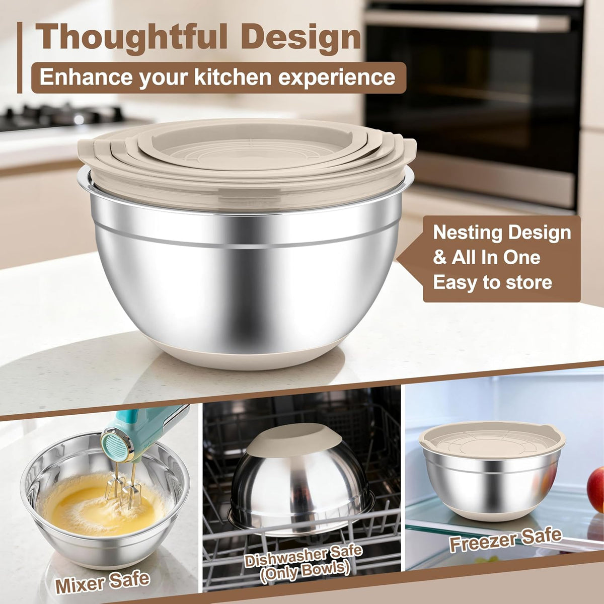 TeamFar Mixing Bowls, Stainless Steel Salad Bowls with Lids - Khaki | Nesting Bowls with Non-slip Bottom, for Kitchen Baking Preparing Serving, Stackable &amp; 6PCS - 4.6 /2.6 /2 / 1.5 /1 / 0.7 Qt
