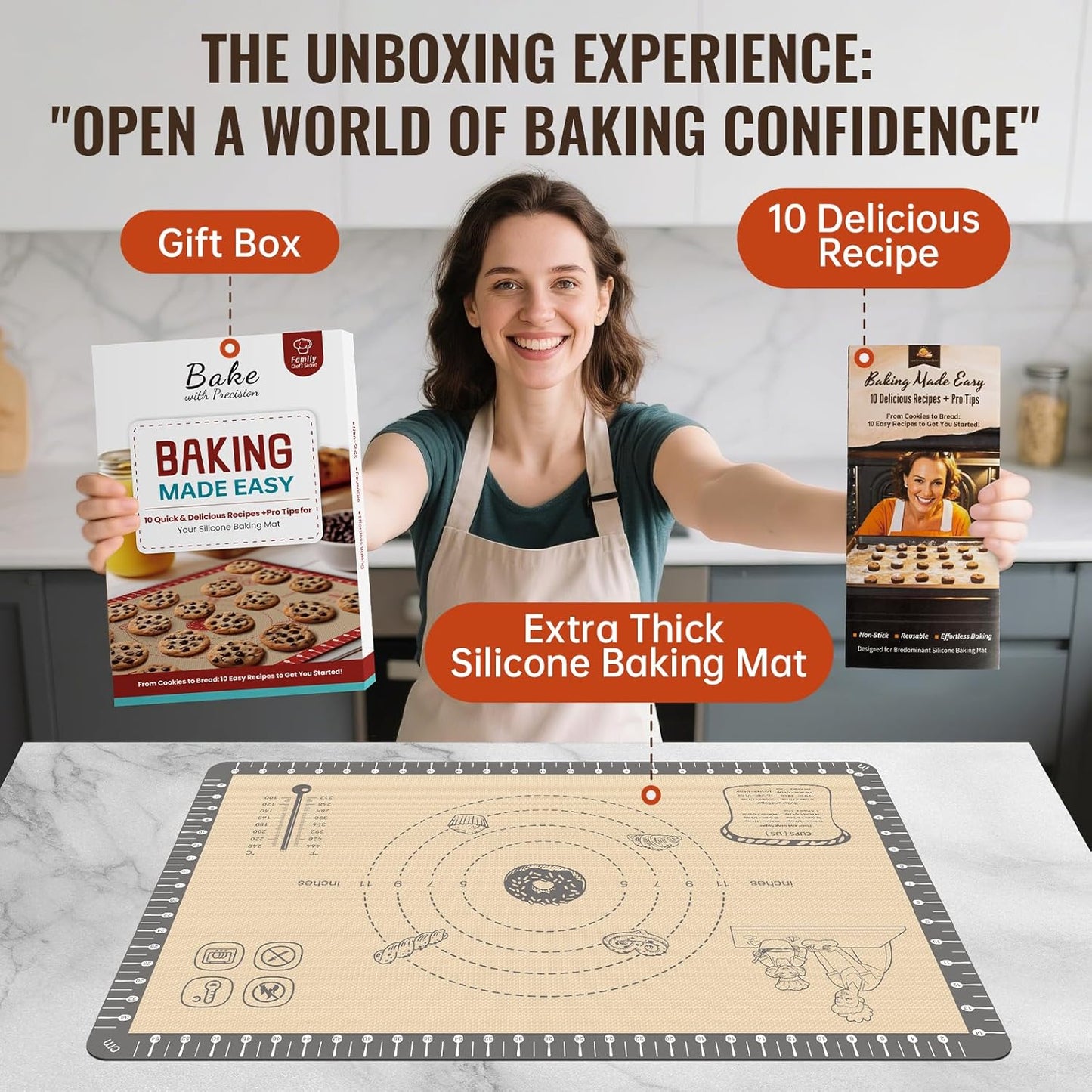 Silicone Mat for Baking, Extra Thick Silicone Baking Mat with 10 Easy Recipes, Non Stick Pastry Mat for Dough Rolling, Macaron, Cookie, bread, Pizza, Fondant/Pie Crust, Oven& Dishwasher Safe