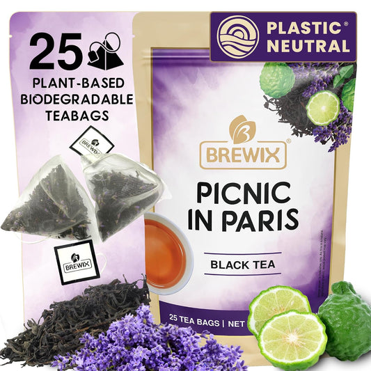 BREWIX, Earl Grey Lavender Tea Bags (25 Whole-Leaf Pyramid Sachets) | London Fog Black Tea with Natural Bergamot, Lavender &amp; Vanilla | Floral, Aromatic &amp; Caffeinated, Hot, Iced or Latte | Picnic in Paris