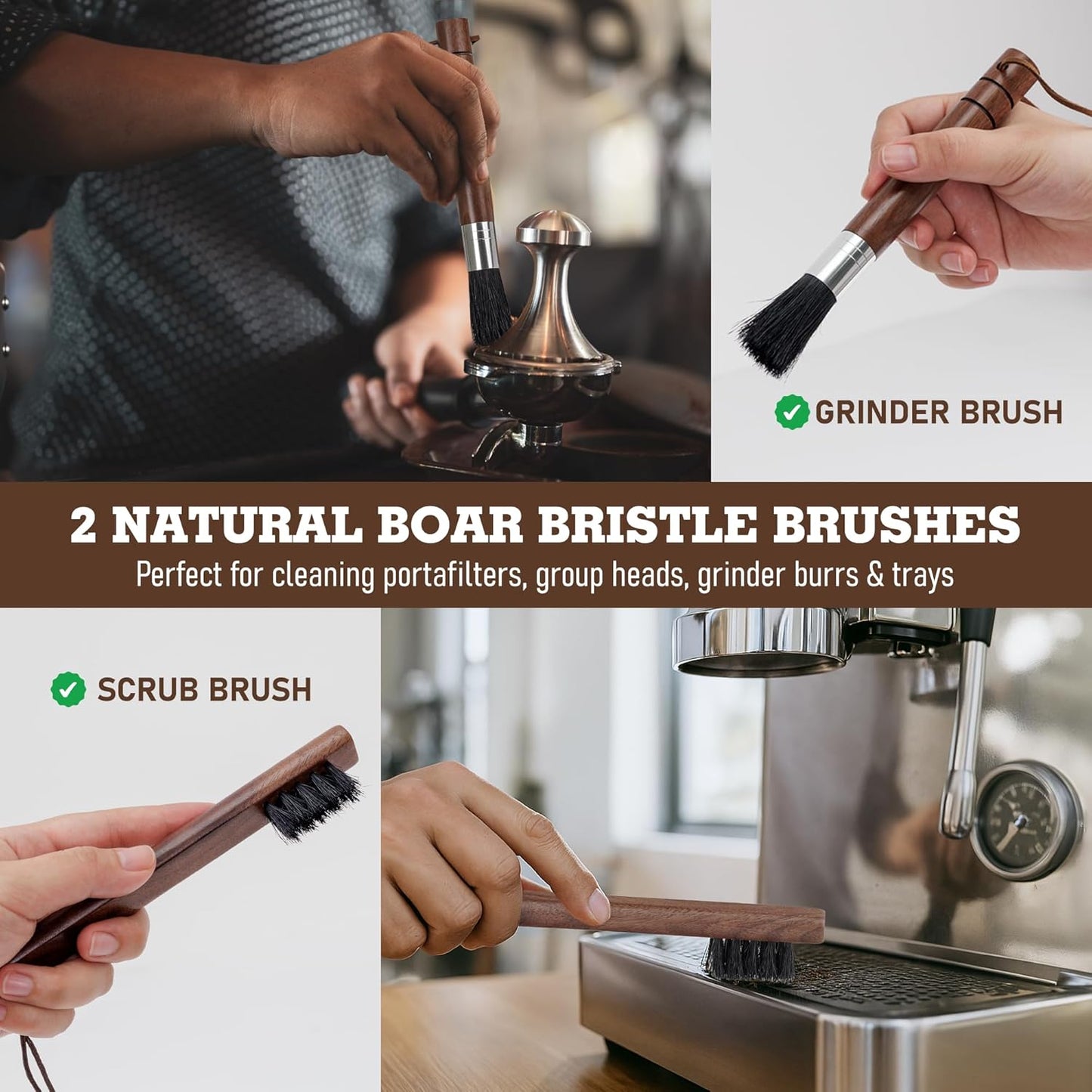 TAKAVU Coffee Grinder Cleaning Kit, 4pcs Boar Bristle Detail Brushes | Includes Grinder Brush, Detail Scrubber, Steam Wand Tools &amp; Microfiber Towel for Coffee Maker, Pour Over