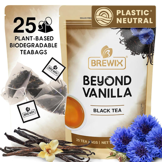 BREWIX, Vanilla Caramel Black Tea Bags - 25 Whole-Leaf Pyramid Sachets | Sugar-Free, Zero-Calorie Dessert Tea | Naturally Flavored Caramel &amp; Vanilla | Keto &amp; Gluten-Free | Hot or Iced, Caffeinated