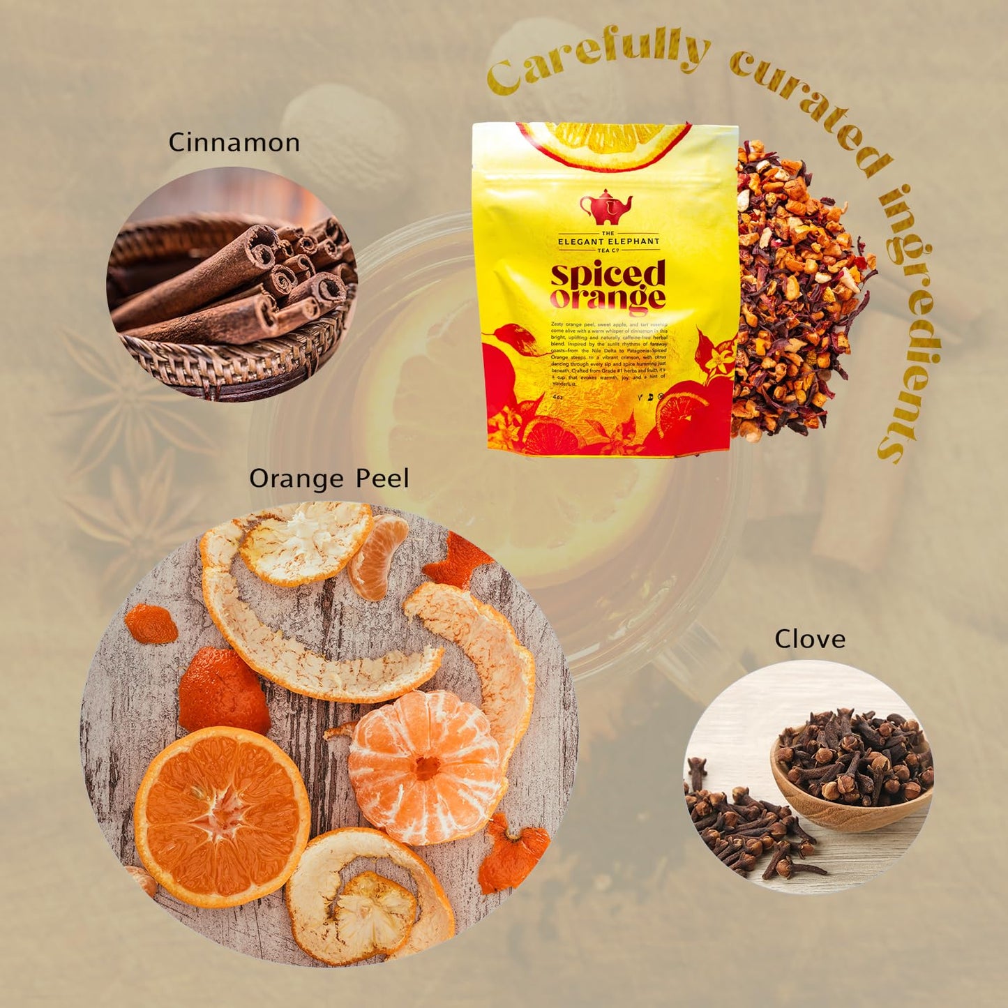 Spiced Orange Tea, Loose Leaf Herbal Tea – Sweet, Spicy, Caffeine-Free – Orange, Apple &amp; Cinnamon Spice – Drink Hot or Iced – 4 oz Resealable Bag (Makes 50 Cups) – The Elegant Elephant
