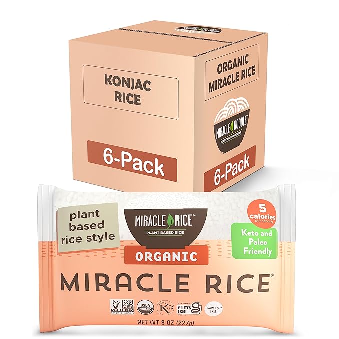 Miracle Noodle Organic Miracle Rice, 8 Oz (Pack of 6), Plant Based Shirataki Konjac Rice, 5 Calories, 1g Net Carbs Per Serving, Keto, Gluten-Free