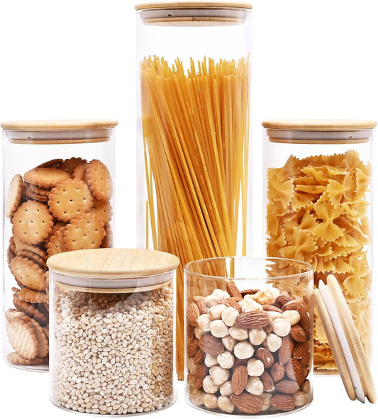 Glass Food Storage Jars, Glass Jars with Bamboo Lids, Kitchen Storage Jars, Canisters with Airtight Lids for Spice, Coffee,