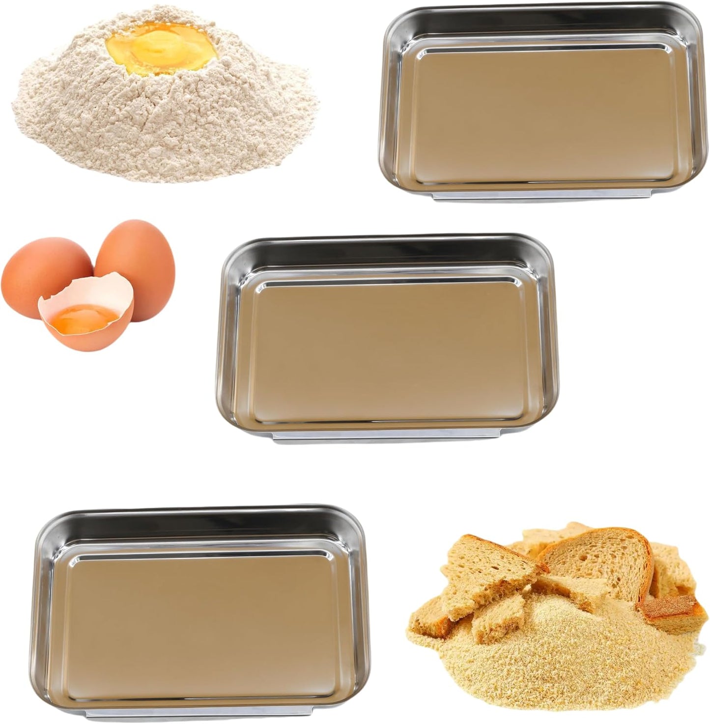3-Piece Stainless Steel Breading Set – Interlocking Coating Trays for Chicken, Fish, Meat | Non-Slip, Dishwasher Safe, Oven Safe | Stackable Space-Saving Design for Flour, Egg (M-8.6" x 5.8")