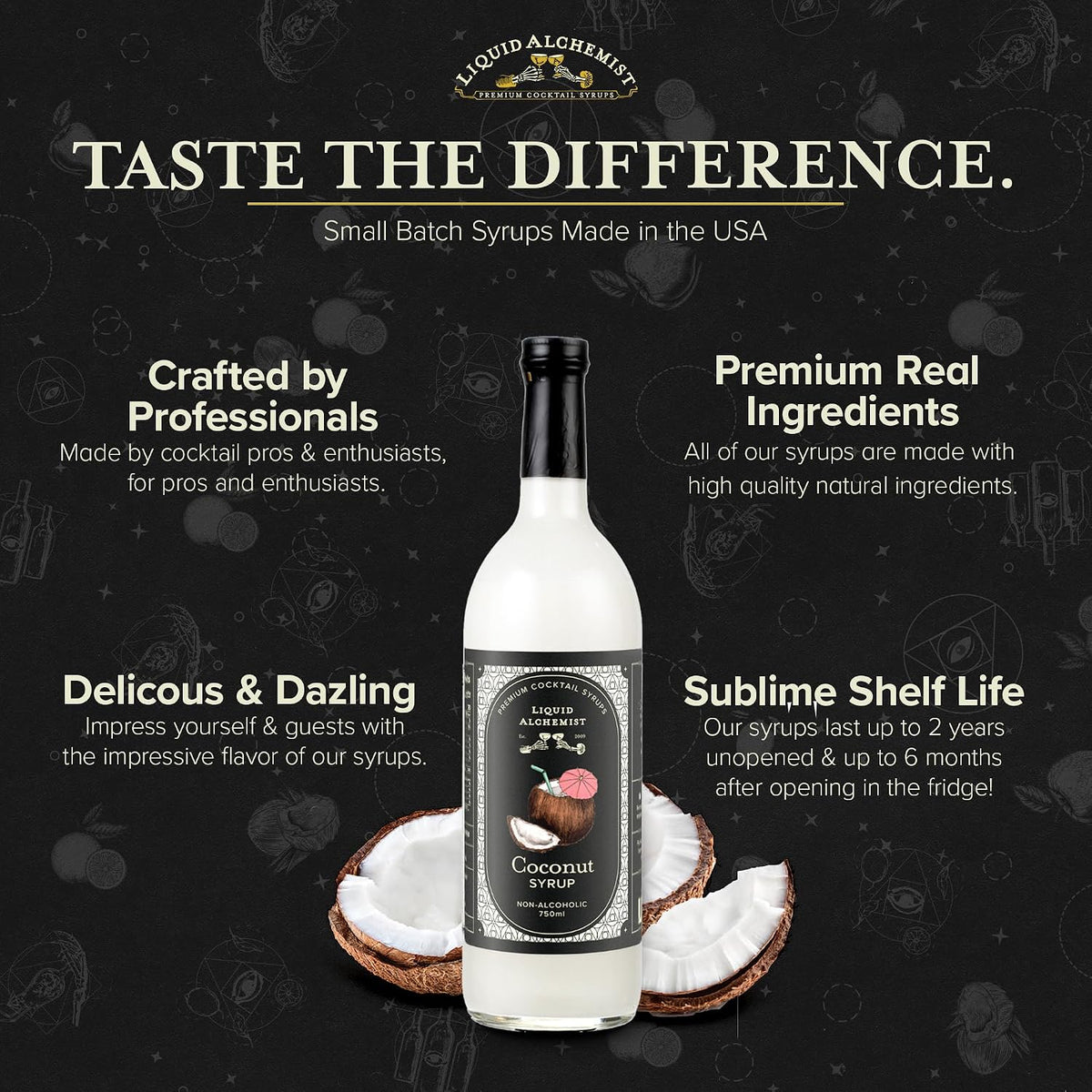 Liquid Alchemist Coconut Syrup for Cocktails | Real Ingredients Make our Coconut Syrup for Drinks a Perfect Pina Colada Mixer | Small Batch, Non-GMO &amp; Vegan | 25.4 Oz Drink Mixer, Pack of 1
