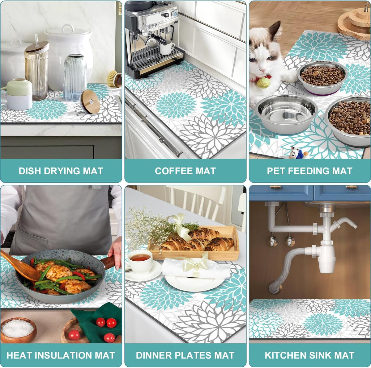 Findosom 2PCS 12" x 20" Dish Drying Mat & 24" x 5.5" Sink Splash Guard, Super Absorbent & Cuttable Dish Mat Drying Kitchen Mat with Teal Floral, Hide Stain Drying Mat for Kitchen Counter