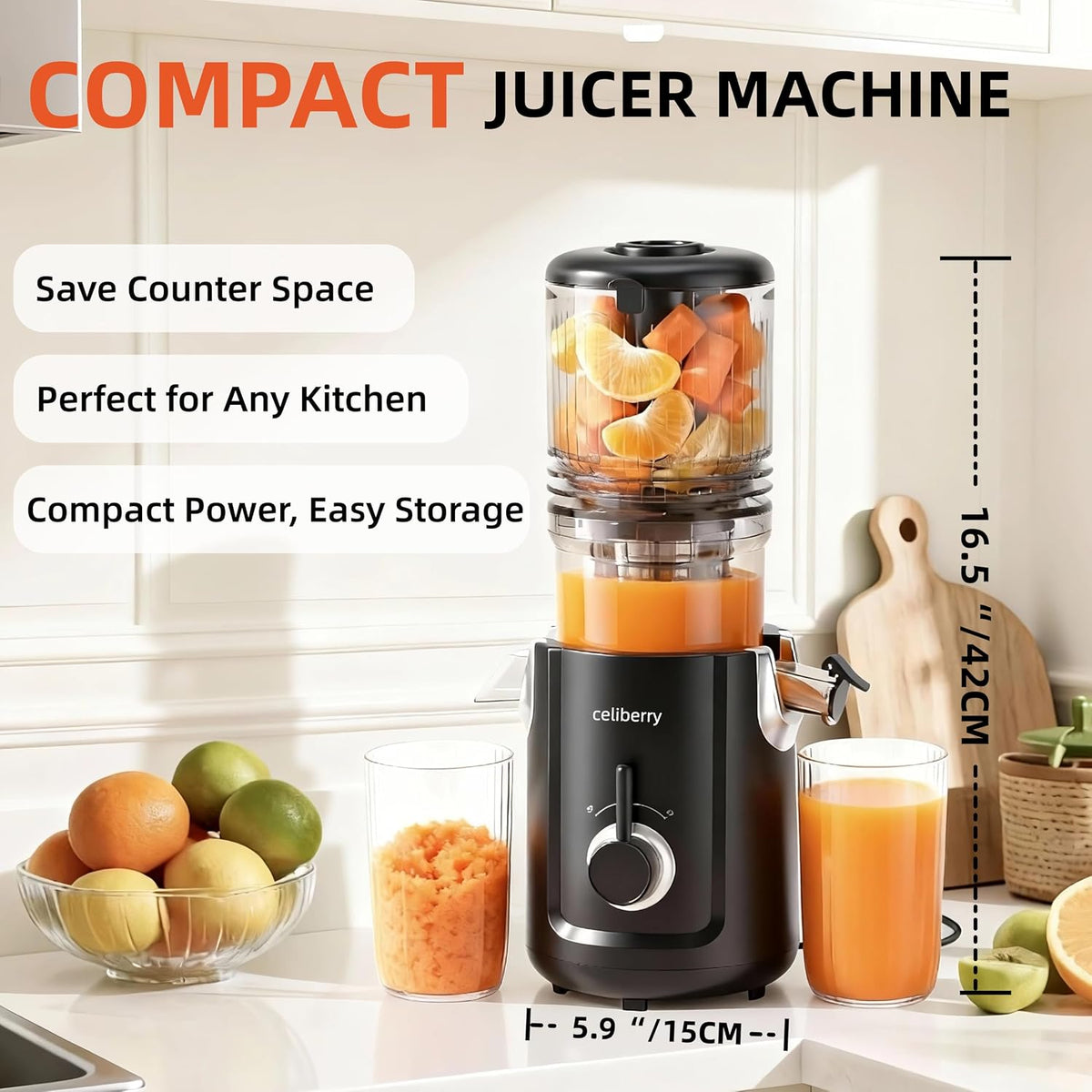 Cold Press Juicer Machines, 5.3” Large Feed Chute Slow Masticating Juicer for Whole Fruits & Vegetables, 300W Quiet Juice Extractor, Easy to Clean, Anti-Clog, No Drip, 99% High Juice Yield