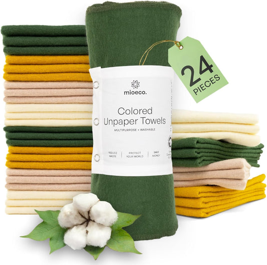 24 Pack Multicolored Reusable Paper Towels - Nature Friendly - Organic Cotton Alternative - Thick, Strong, Paperless Kitchen
