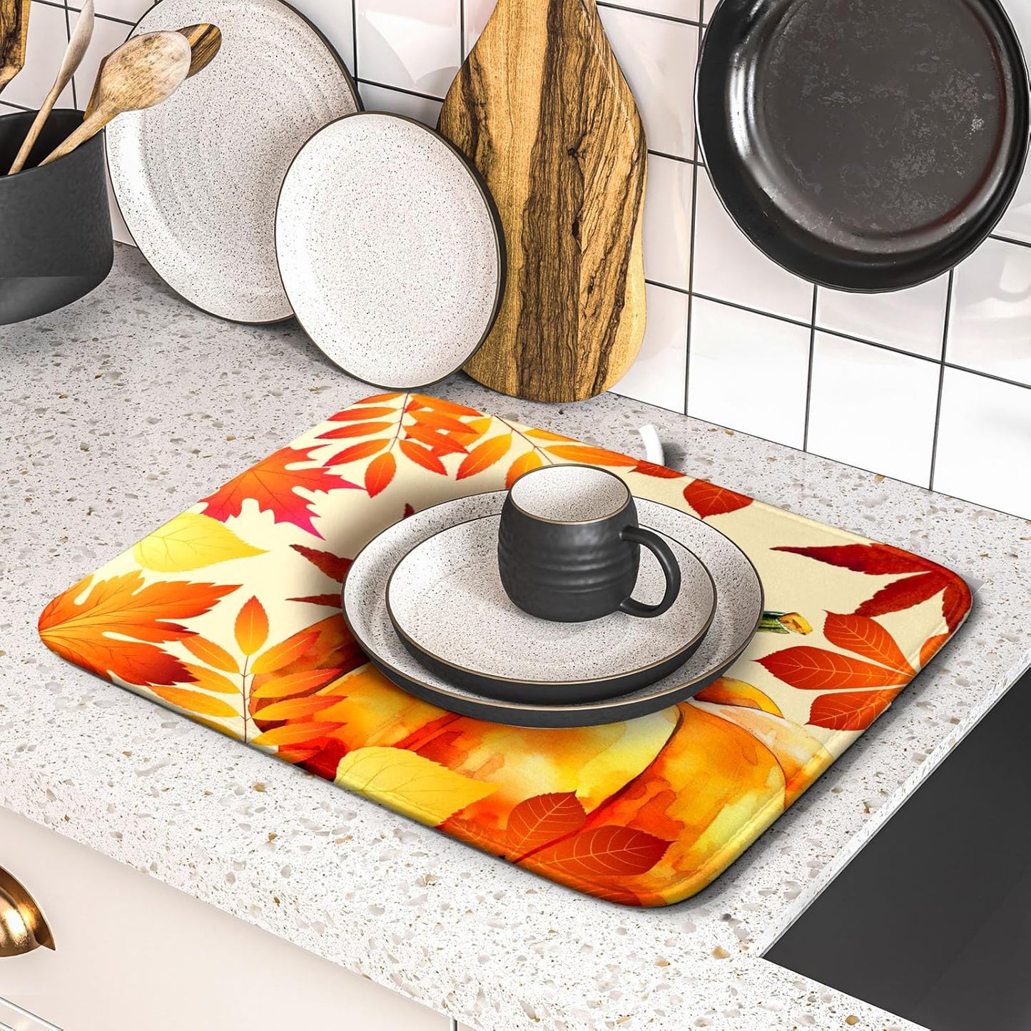 Autumn Pumpkin Maple Leaf Dish Drying Mat for Kitchen Counter,Thanksgiving Fall Holiday Drying Mat with Hanging Loop 16 x 18 Inch Microfiber Dish