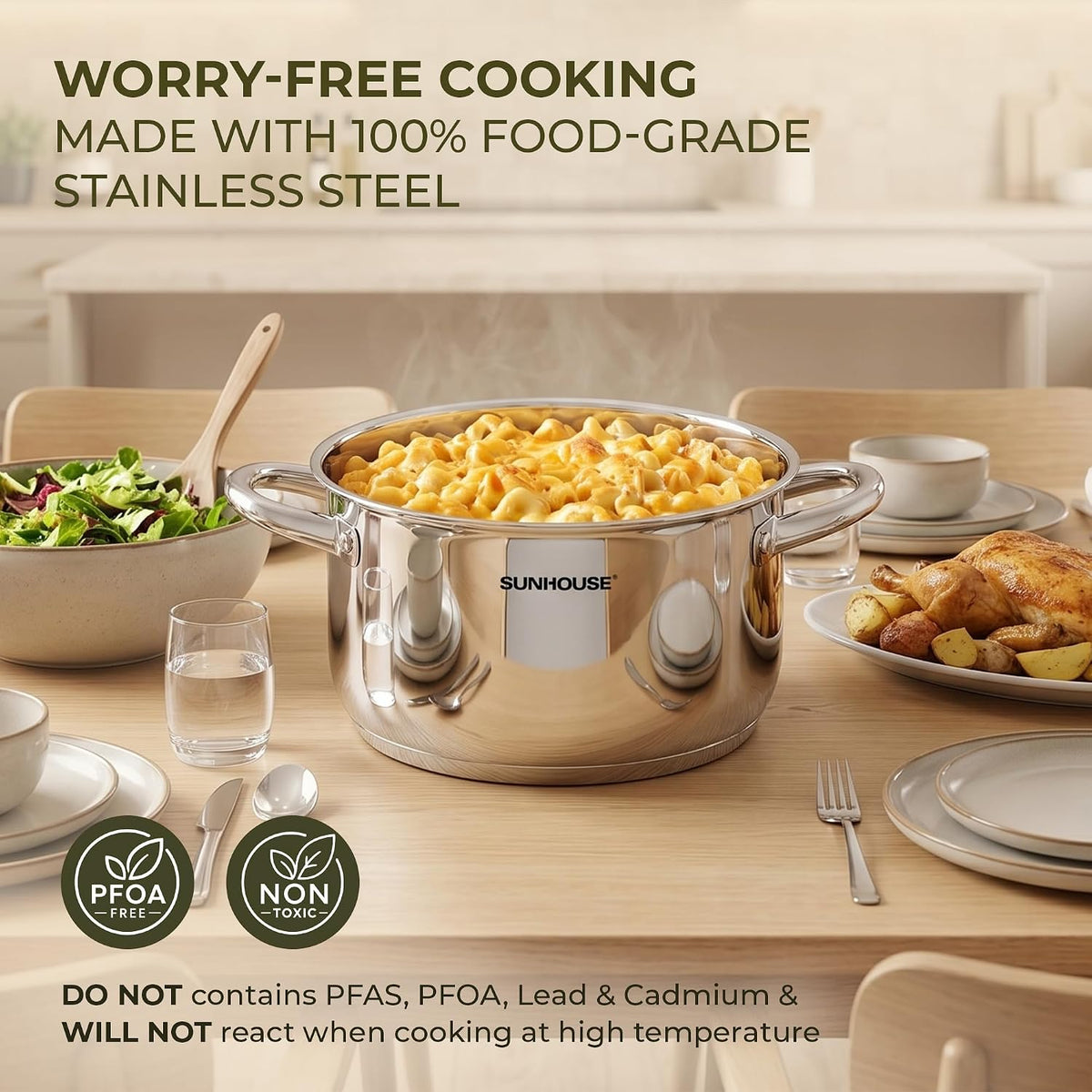 Sunhouse Stainless Steel Stock Pot - 11 Quart Heavy-Duty Induction Cooking Pot with Visible Lid for Pasta, Soup, Spaghetti - Nonstick Thick-Bottom Deep Stockpot for Canning, Boiling, and Simmering
