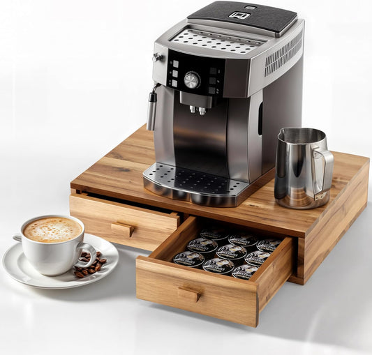 Tinamo Acacia Wood Coffee Pod Storage Box, Coffee Pods and Tea Organizer Holder, K Pod Drawer Coffee Maker Machine Stand,