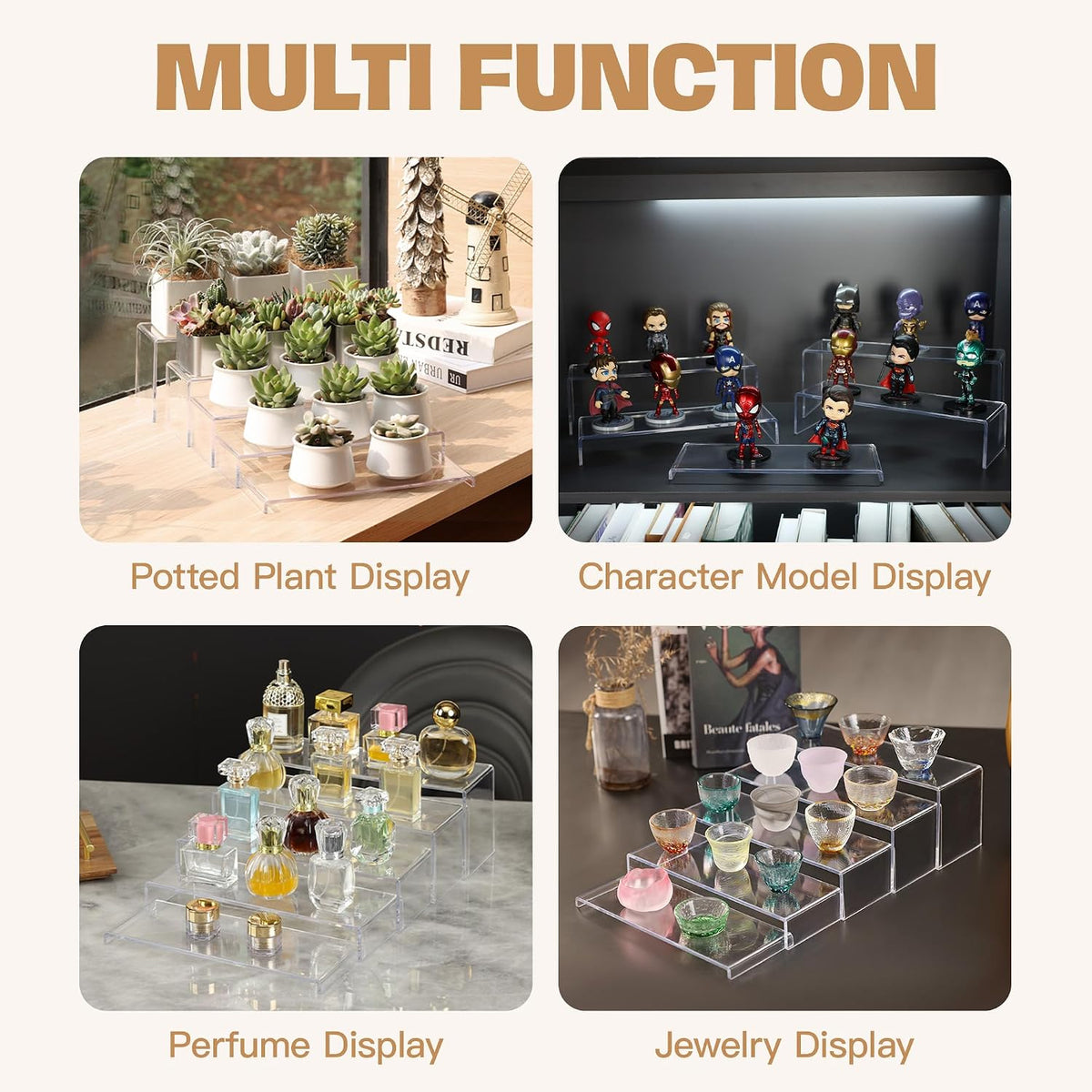 Goabroa12" Large Display Risers, 10 Pcs Rectangular Clear Display Stands | Display Shelves for Funko Pop Figures, Cupcake Stands, Dessert, Collection, Vendor Events