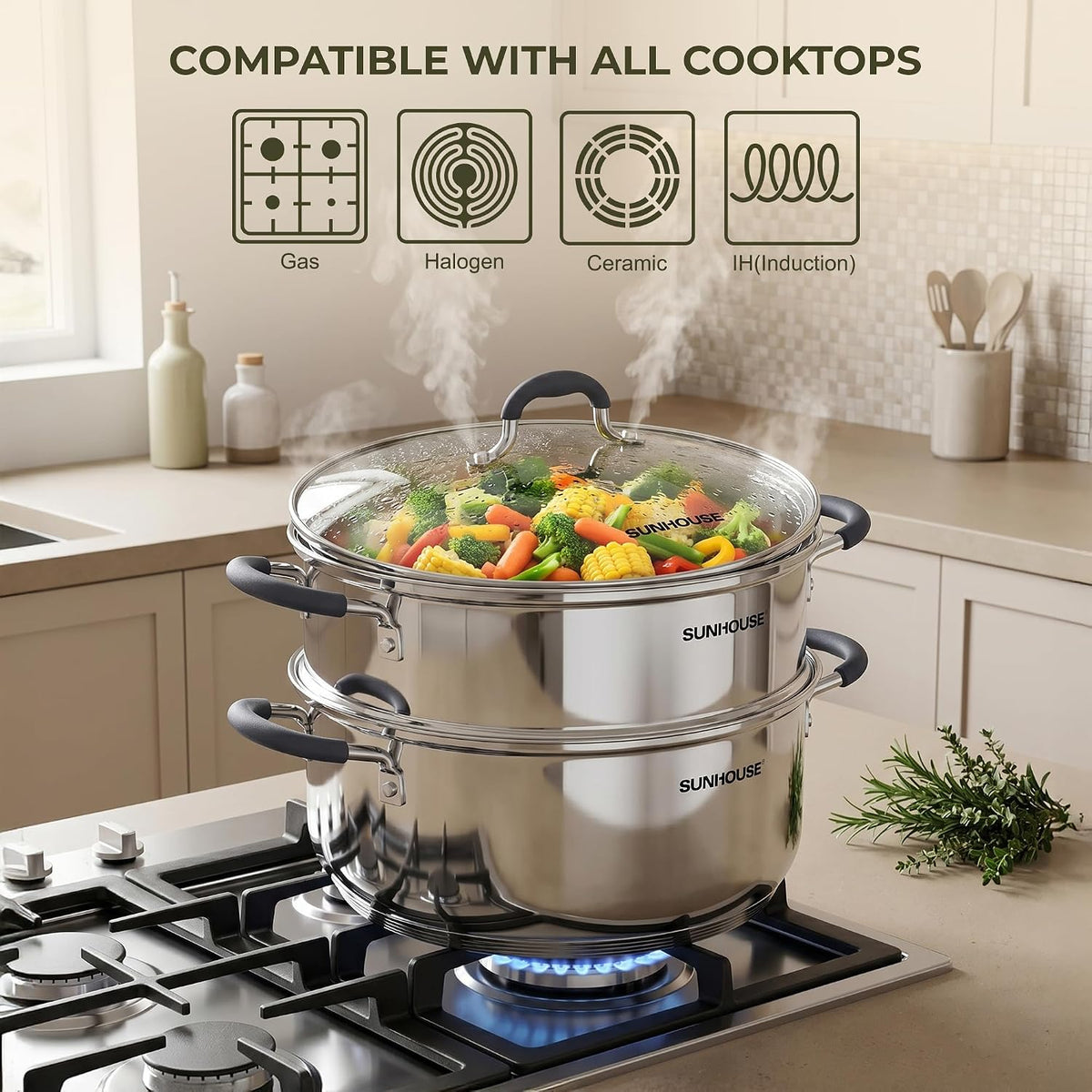 Sunhouse - 5.5 Quarts Steamer Pots With Lid 2-Tier Multipurpose Stainless Steel Steaming Pot Cookware For Vegetable, Dumpling, Sauce, Food - Triple Bottom, Measurement Line