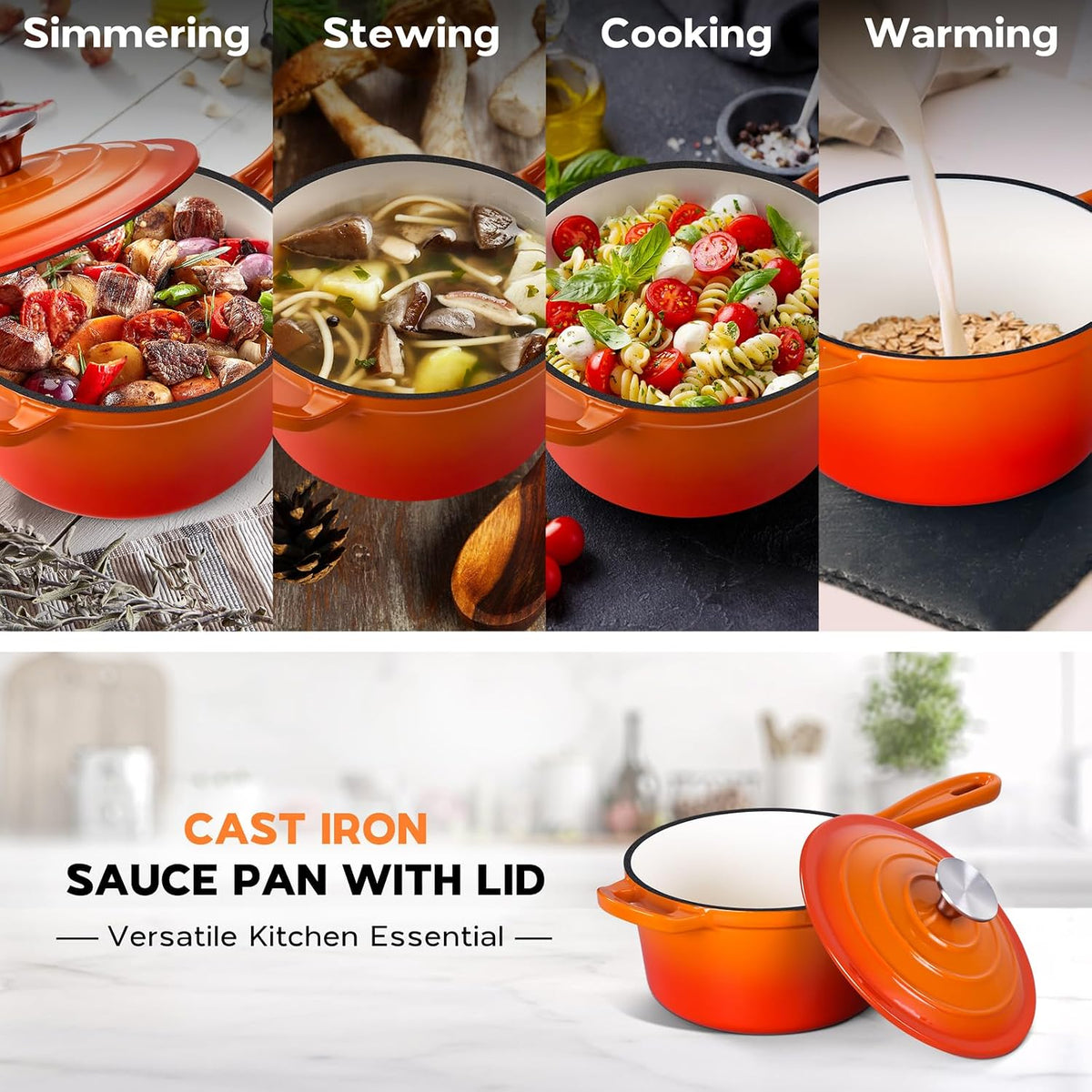 2 Quart Saucepan with Lid, Onader Enameled Cast Iron Sauce Pan, Small Cooking Sauce Pot, Enamel Dutch Oven Pot Nonstick – Sunset Orange