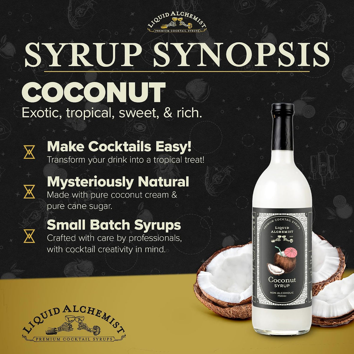 Liquid Alchemist Coconut Syrup for Cocktails | Real Ingredients Make our Coconut Syrup for Drinks a Perfect Pina Colada Mixer | Small Batch, Non-GMO &amp; Vegan | 25.4 Oz Drink Mixer, Pack of 1