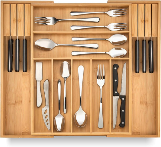Bamboo Drawer Organizer with Knife Blocks - Silverware Organizer & Utensil Drawer Organizer, Cutlery Tray with Dividers, 7-9