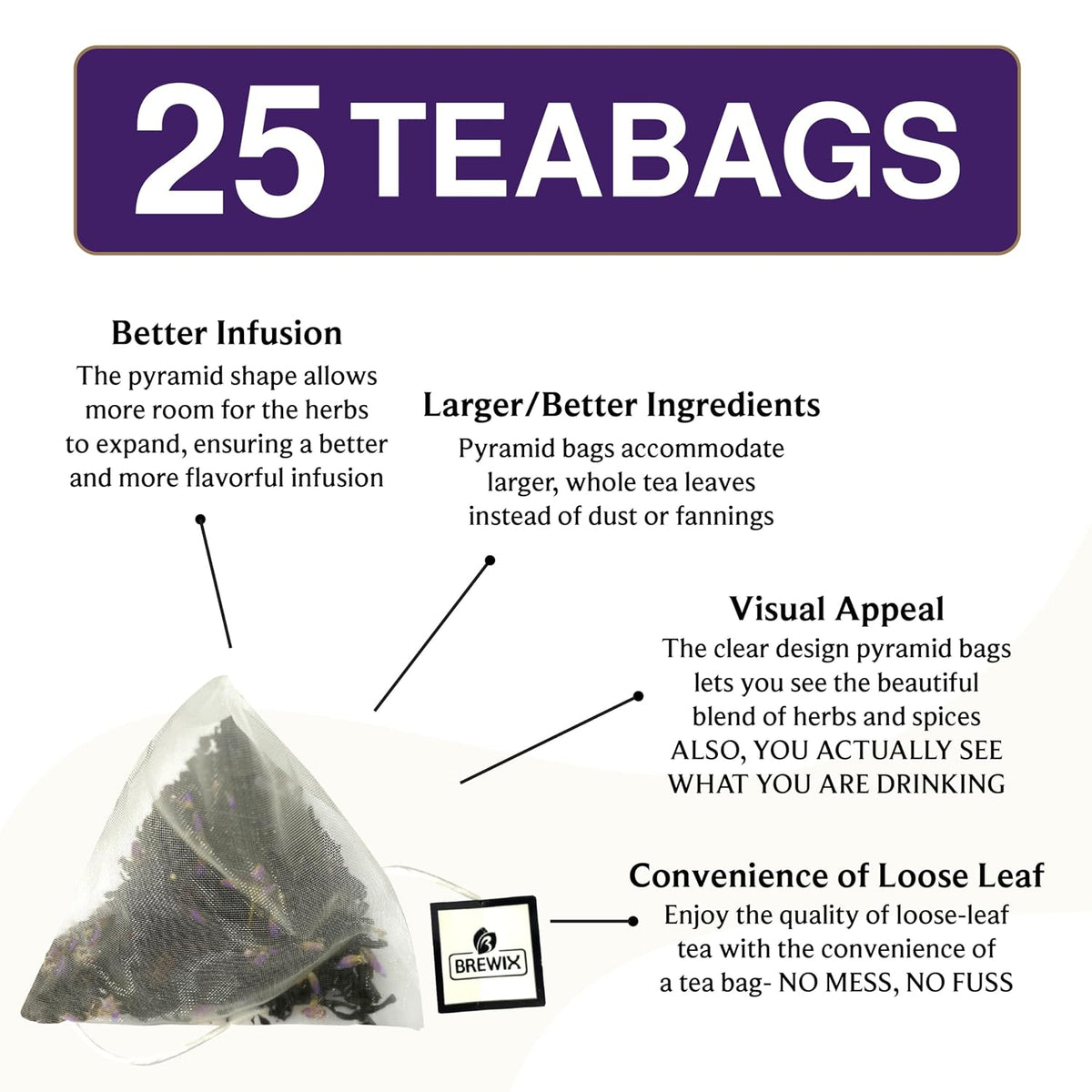 BREWIX, Earl Grey Lavender Tea Bags (25 Whole-Leaf Pyramid Sachets) | London Fog Black Tea with Natural Bergamot, Lavender &amp; Vanilla | Floral, Aromatic &amp; Caffeinated, Hot, Iced or Latte | Picnic in Paris