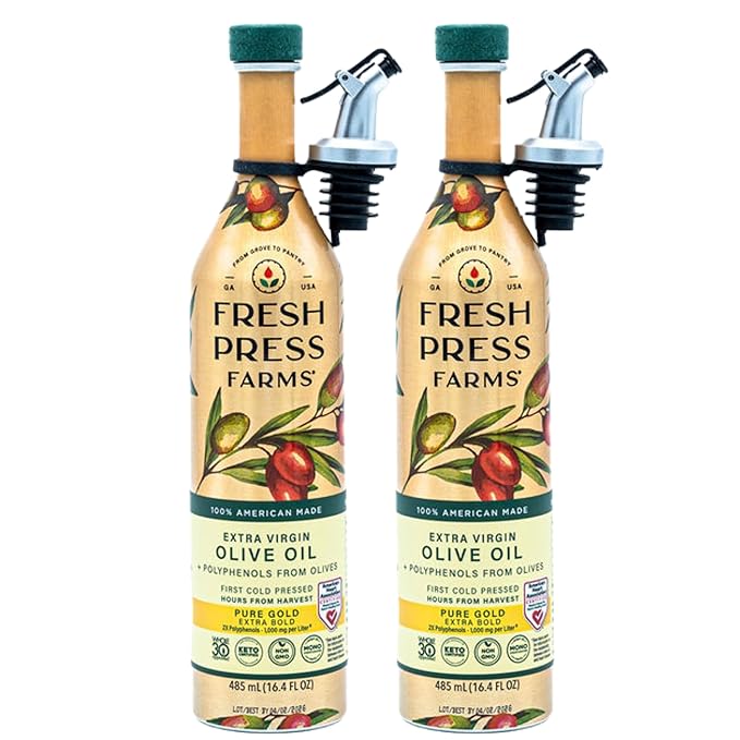 Fresh Press Farms Cold Pressed High Polyphenol Pure Gold Extra Virgin Olive Oil, 16.4 Fl Oz (Pack of 2), Georgia Grown, 100% American Made, Unrefined, Certified Whole30, Non-GMO, Keto, Paleo, Gluten Free, Packaging May Vary