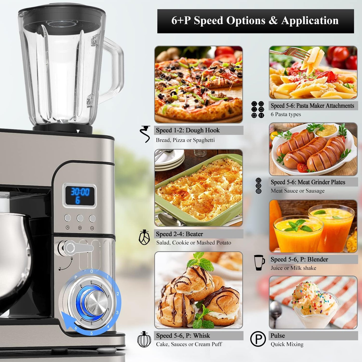 6-IN-1 Stand Mixer, LCD Display Kitchen Electric Mixer, 6.5QT Stainless Steel Bowl, Multi-Function Kitchen Blender With Dough Hook, Whisk, Beater, Meat Grinder, Splash Guard
