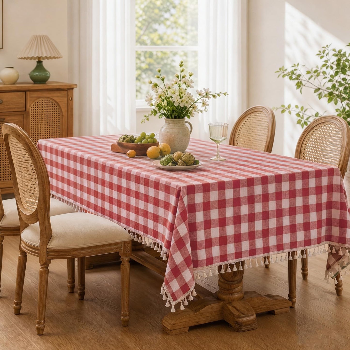 JIALE Gingham Tablecloth Square Cotton Linen Fabric Checkered Table Cloth with Tassel Washable Wrinkle Free Buffalo Plai
