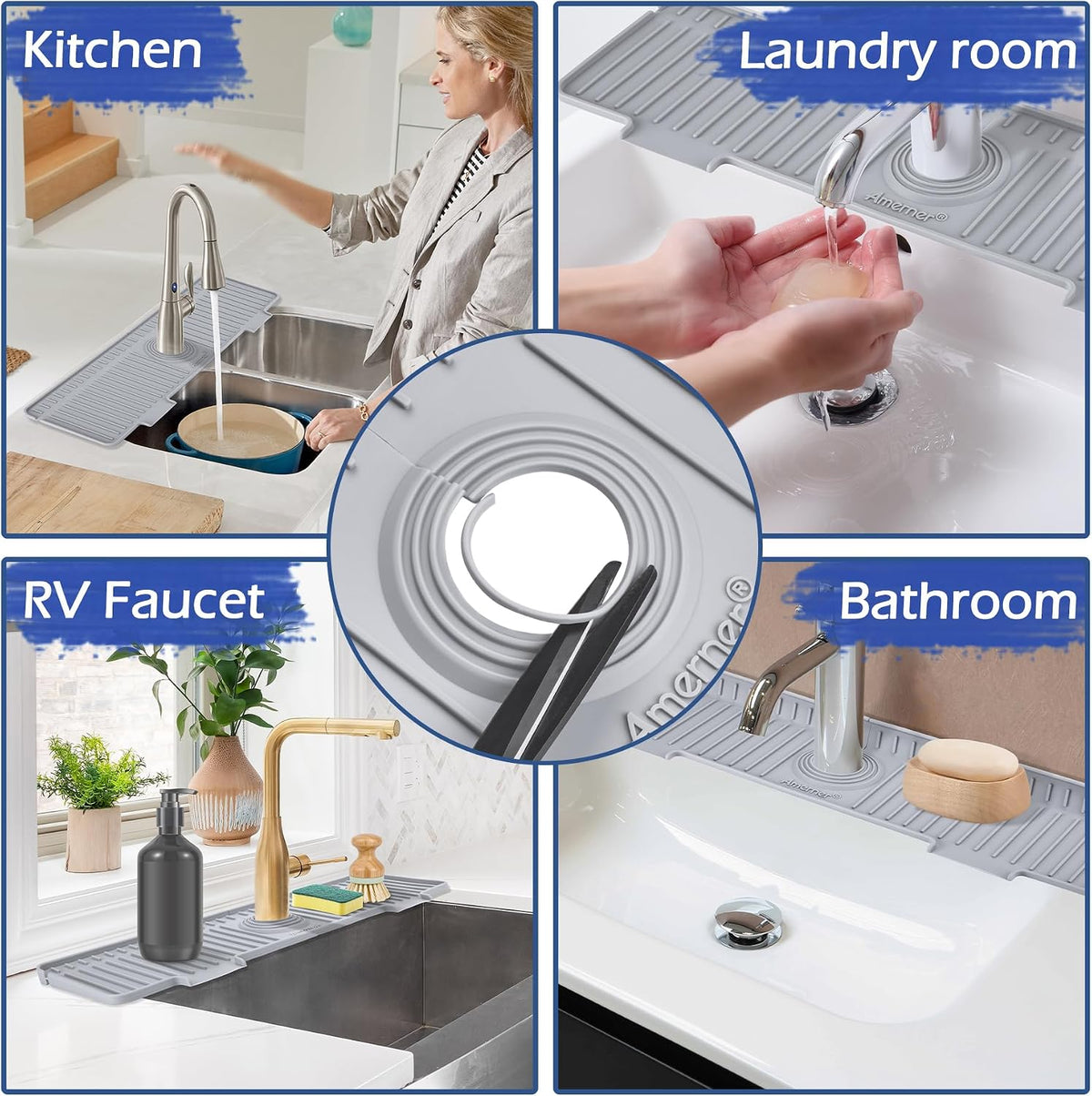 Amerner 20 inch Kitchen Sink Splash Guard, 10° Large Slope &amp; Adaptable Hole Faucet Mat for Kitchen Sink, Silicone Sink Organizer Sponge Holder for Kitchen, Bathroom, RV, Bar, 20” x 5.5”, Gray