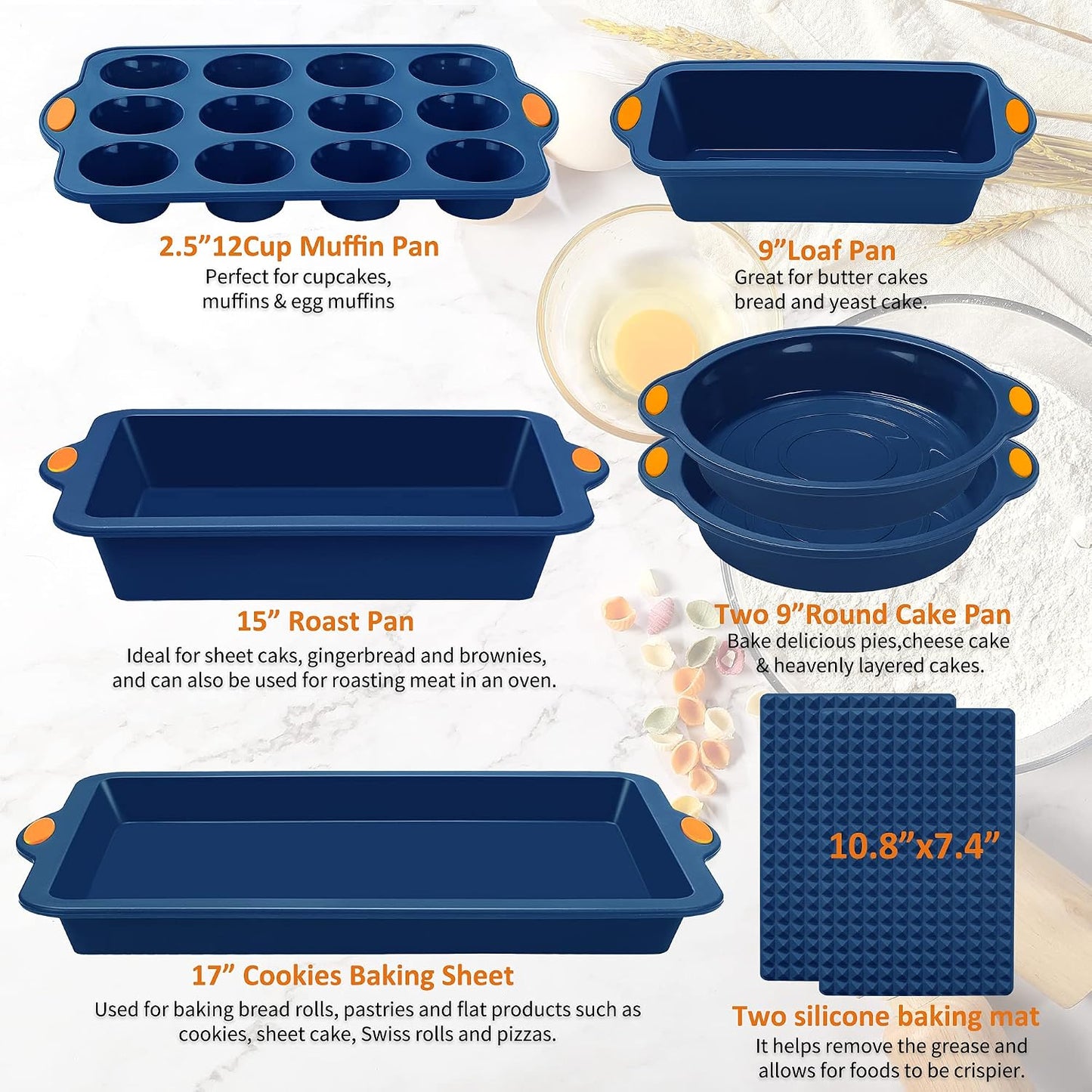 8 in 1 Silicone Baking Set - 6 Cake Molds - 2 Silicone Baking Mat, Nonstick Cookie Sheet, Cake Muffin Bread Pan with Grips and Metal Reinforced Frame More Strength, Navy Blue